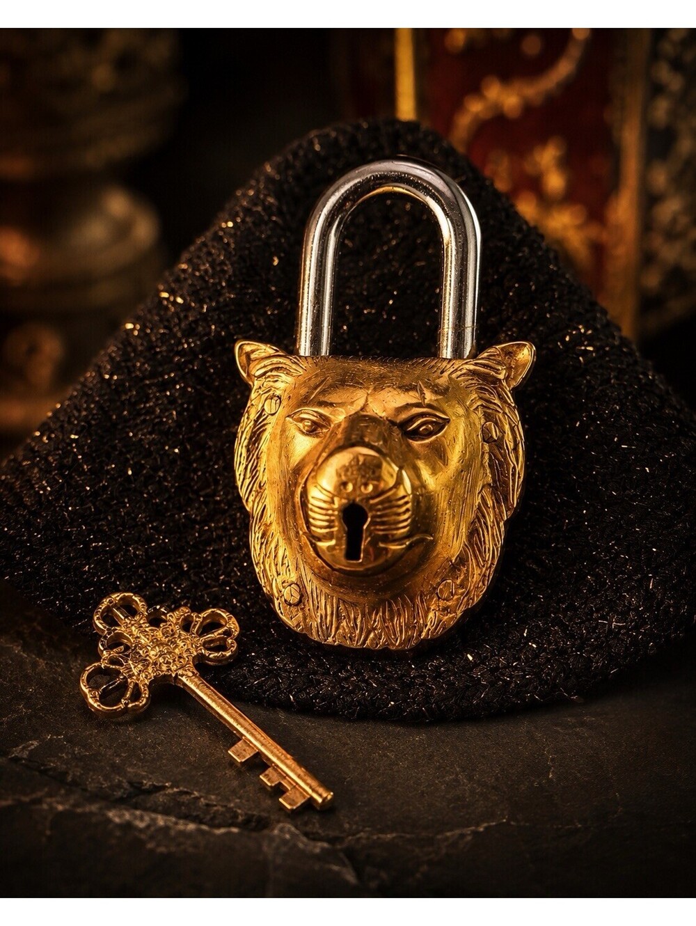 Heavy Brass Lion Head Temple Padlock Tibetan Buddhist Lucky Symbols W/ Key